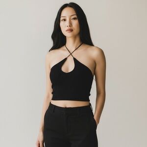 Windsor Ribbed Keyhole Cropped Halter Top Black Small